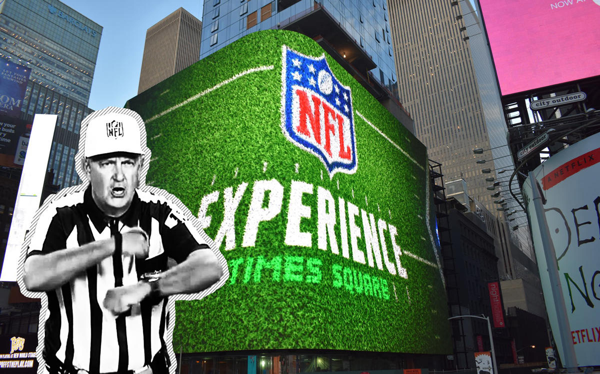 NFL Experience at 20 Times Square and a referee signaling a false start (Credit: SNA Displays and YouTube)
