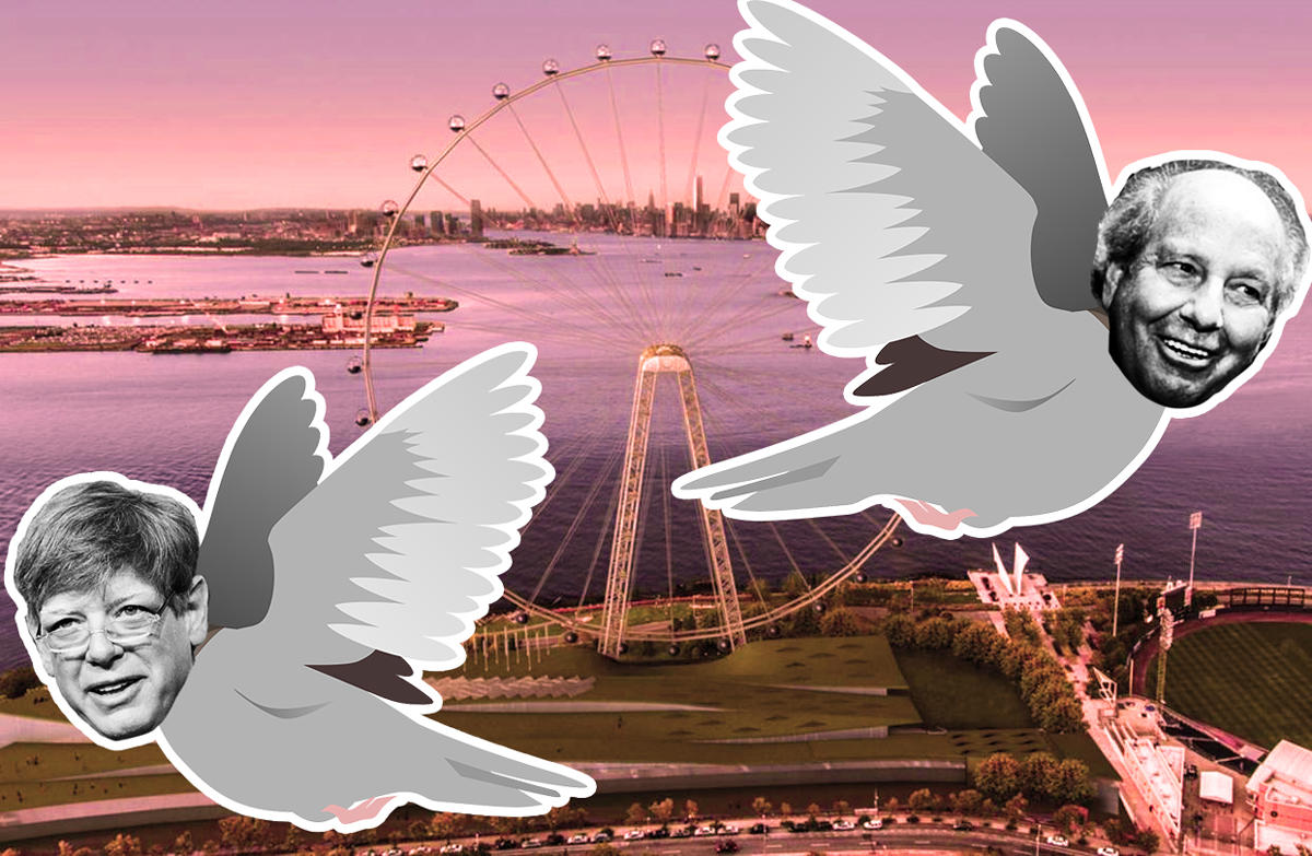 Lloyd Goldman (left) and Jeffrey Feil (right) flying away from the New York Wheel as pigeons (Credit: Pixabay)