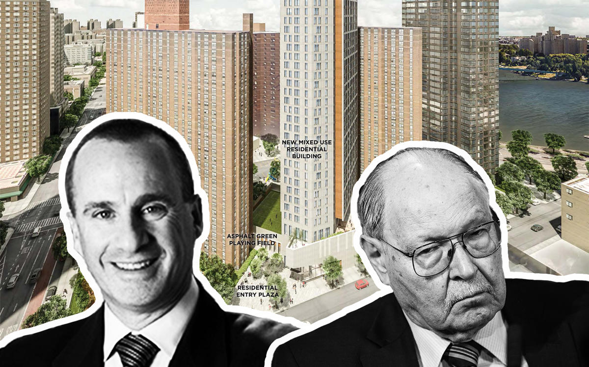 From left: Harold Fetner, Stanley Brezenoff, and a rendering of Holmes Towers at 1780 First Avenue  (Credit: Fetner and Getty Images)