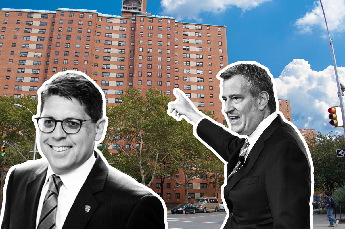 From left: Mark Peters, Mayor Bill de Blasio, and NYCHA houses (Credit: Getty Images and Wikipedia)