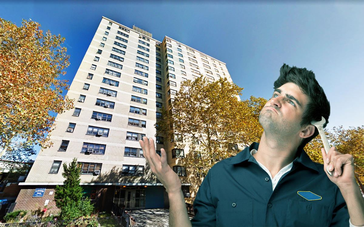 A repairman looking at Saratoga Park at 23 Saratoga Avenue in Brooklyn (Credit: iStock and Google Maps)