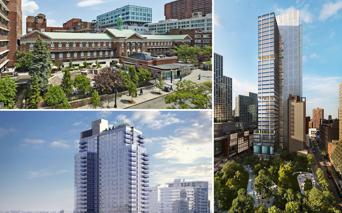 Clockwise from top left: 110 East 210 Street, One Willoughby Square, 2 North 6th Place in Brooklyn (Credit: Montifore Health System and DBOX)