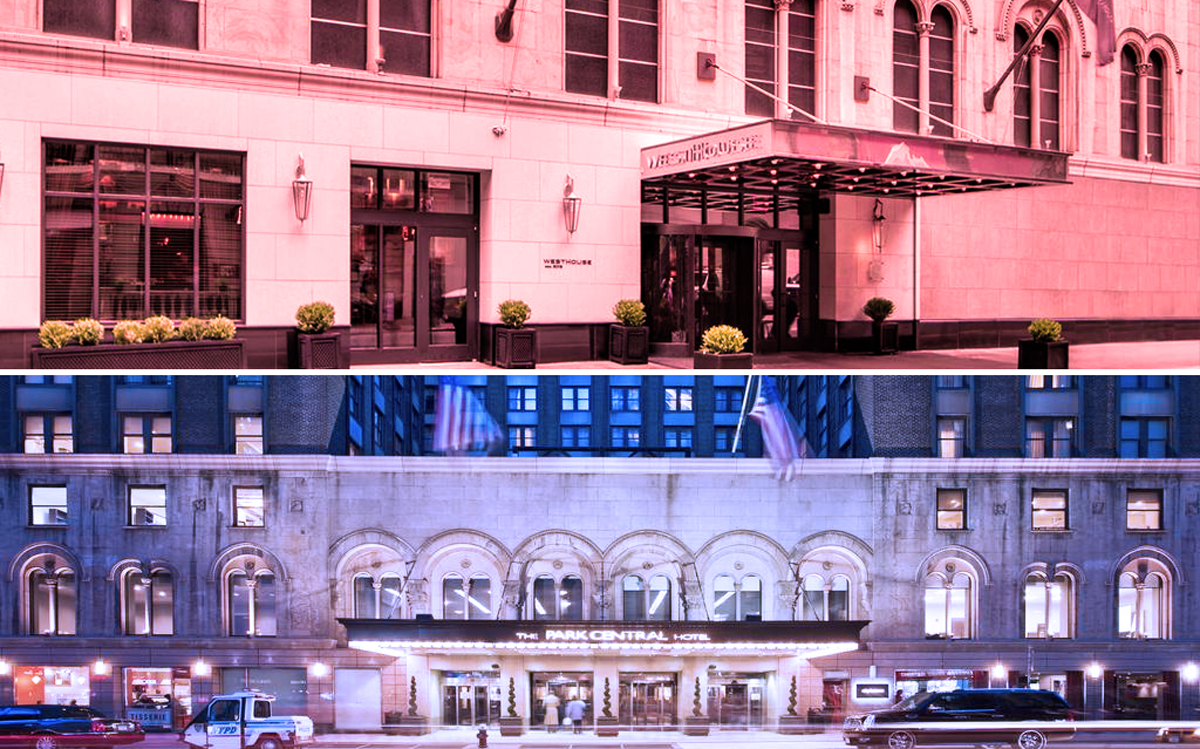 Westhouse Hotels at 201 W 55th Street (red) and Park Central New York at 870 7th Avenue (blue)(Credit: Booking)
