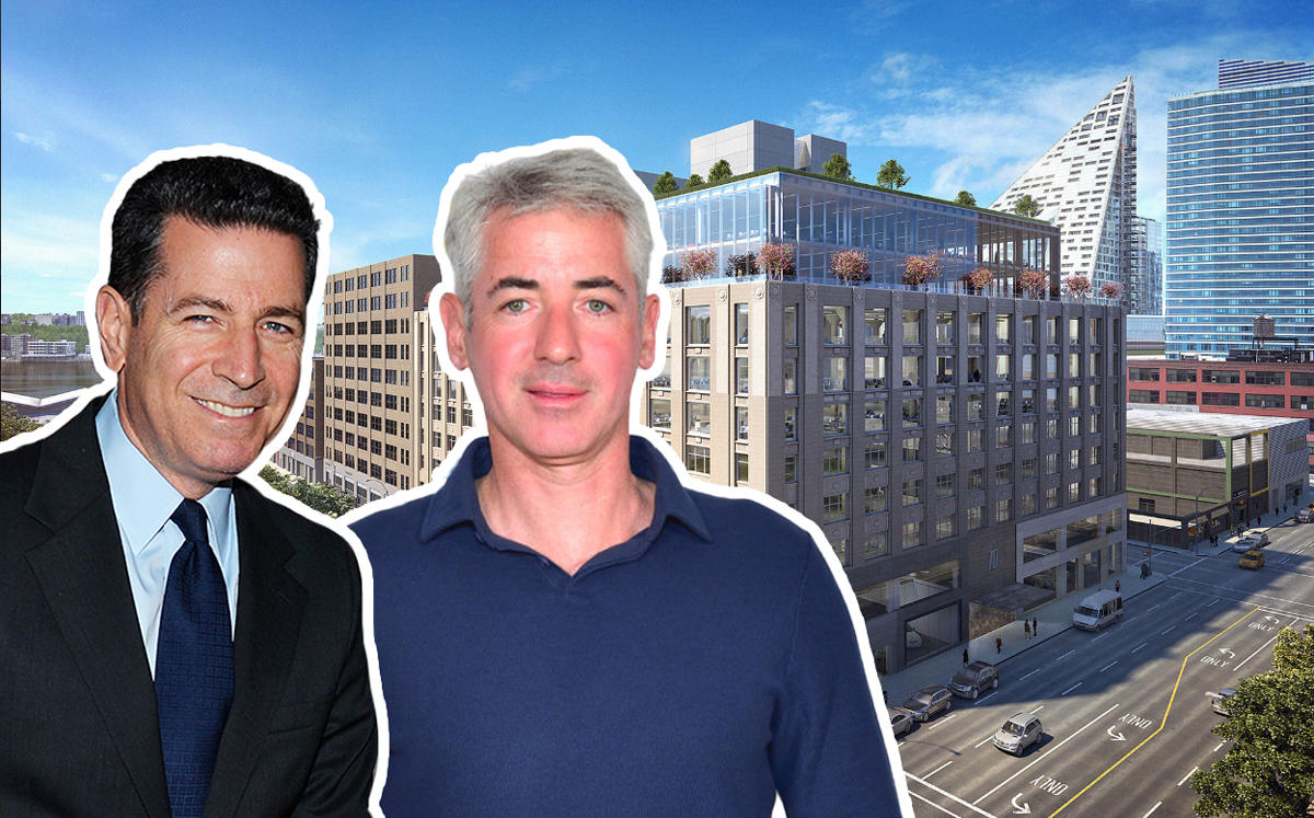 Adam Flatto, Bill Ackman, and a rendering of 787 11th Avenue (Credit: Getty Images and 787 Eleventh)