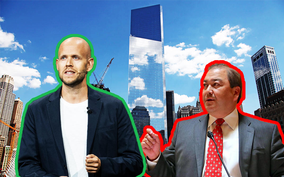 4 World Trade Center, Spotify CEO Daniel Ek, an New Jersey Senator Kevin O'Toole (Credit: 4WTC, Getty Images, and Facebook)