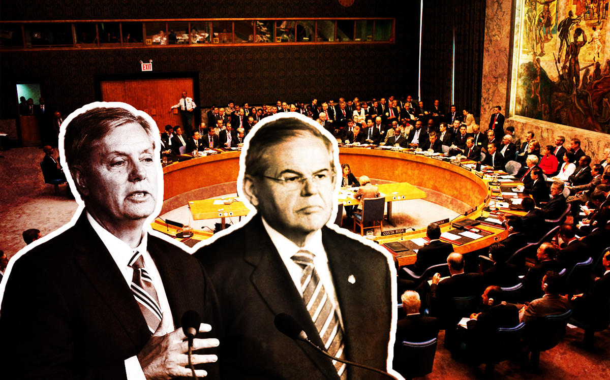 From left: Lindsey Graham, Bob Menendez, and the Foreign Security Council (Credit: Getty Images and Wikipedia)