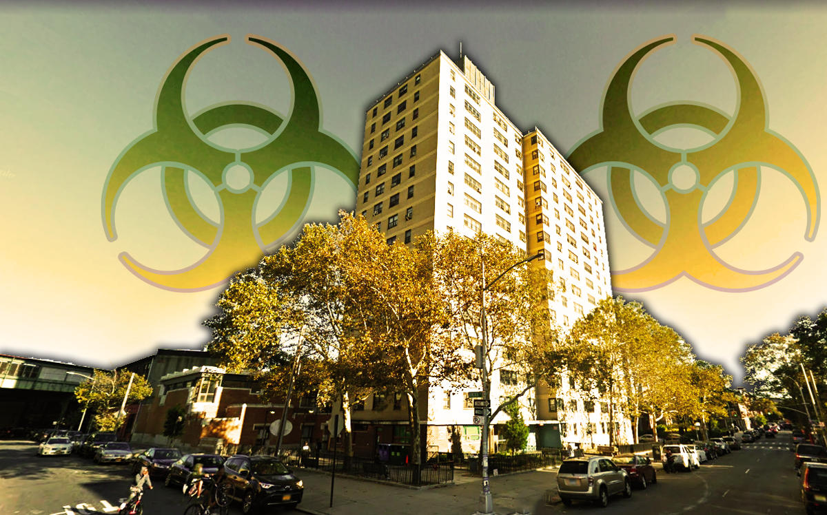 Saratoga Village at 33 Saratoga Avenue in Brooklyn with a biohazard symbol (Credit: Google Maps and Wikipedia)