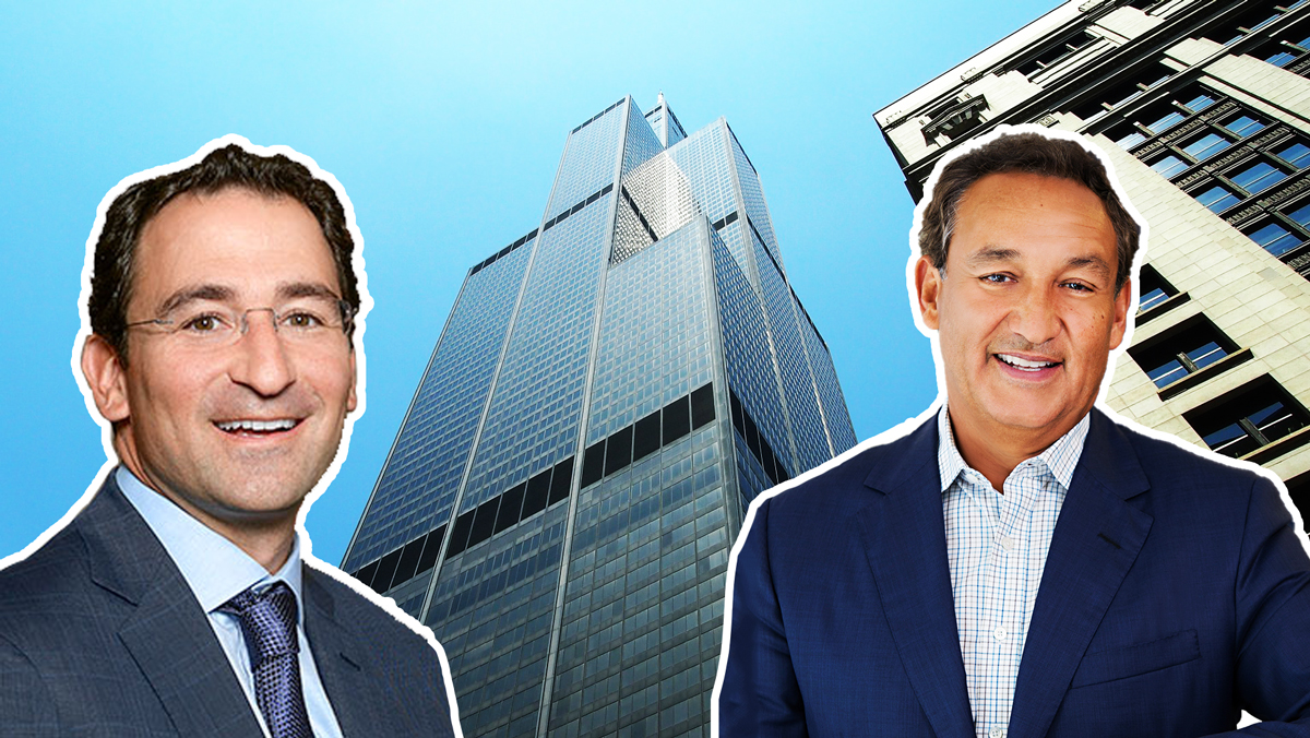 From left: Blackstone's Jonathan Gray, Willis Tower at 233 South Wacker Drive, and United CEO Oscar Munoz (Credit: Pixabay and United)