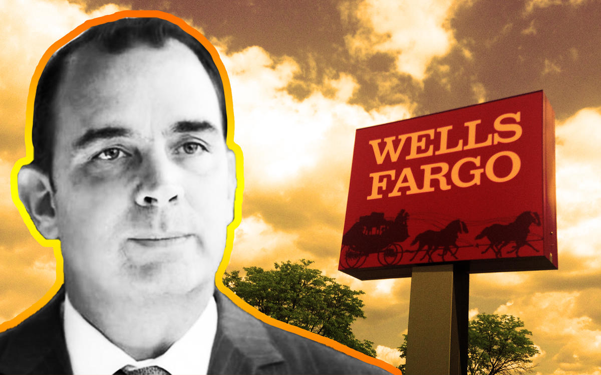 Wells Fargo CFO John Shrewsberry and a Wells Fargo bank sign (Credit: Yale School of Management and Mike Mozart via Flickr)