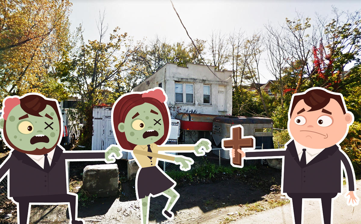An illustration of zombies and 1554 Dumont Avenue in Brooklyn (Credit: iStock and Google Maps)