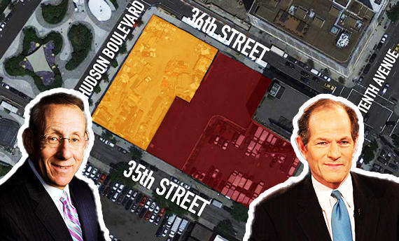 From left: Related’s Stephen Ross and 517 West 35th Street (orange) and Eliot Spitzer and neighboring parcels (red) (Credit: Google Maps and Getty Images)