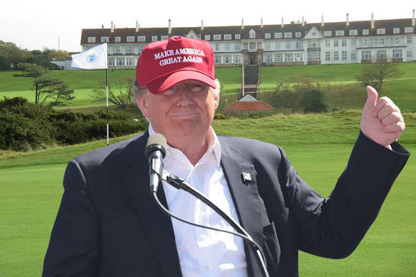 President Donald Trump; behind, the Trump Organization's Turnberry golf property. (Credit: Gage Skidmore, Terry Stewart)
