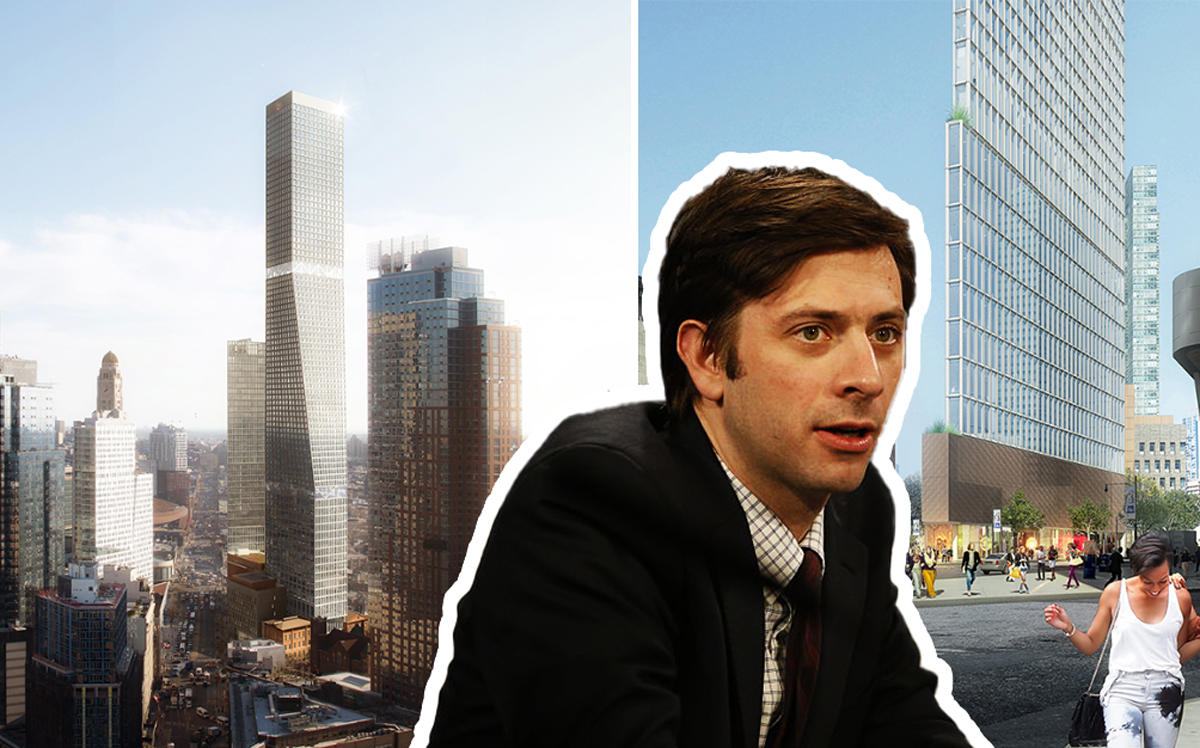 Stephen Levin and renderings of 80 Flatbush in Brooklyn (Credit: Getty Images)