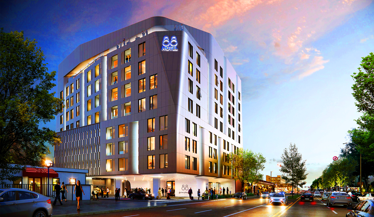 CIM plans a 100-foot hotel near the intersection of La Brea Avenue and Santa Monica Boulevard (Credit: Neil Denari of NMDA)