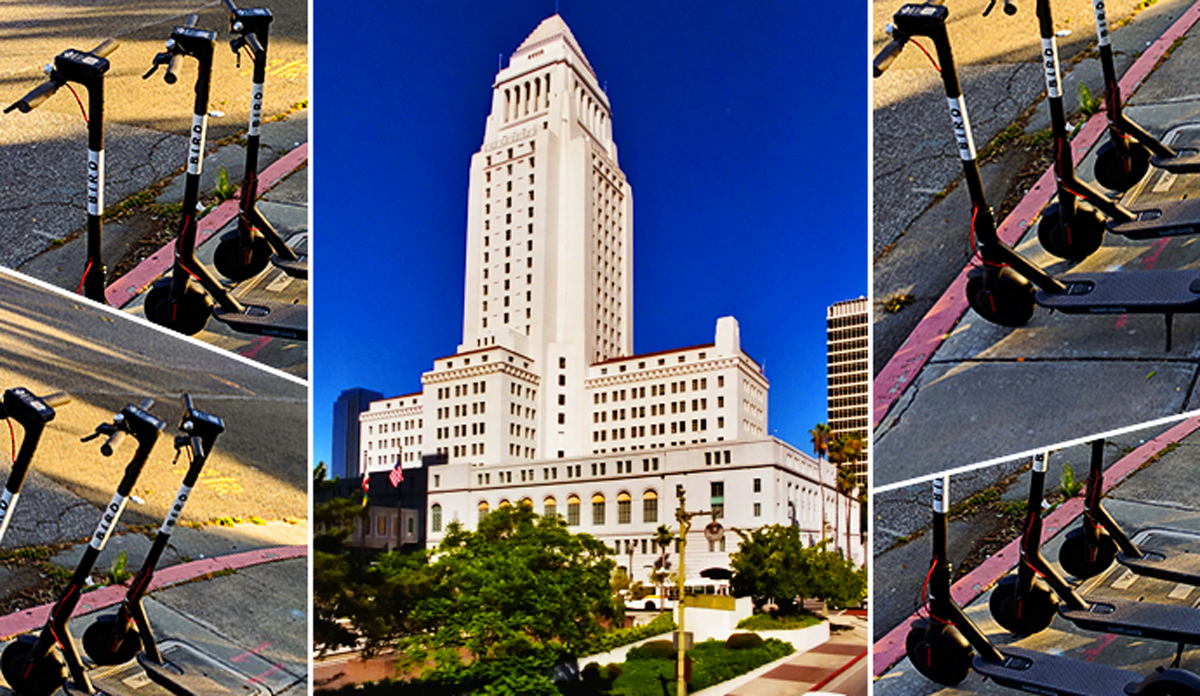 City Hall and Bird scooters (Credit: Wikimedia Commons)