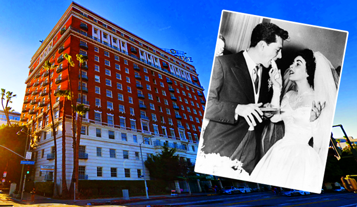The Sheraton Town House building with Elizabeth Taylor and Conrad Nicky Hilton from their 1950 wedding