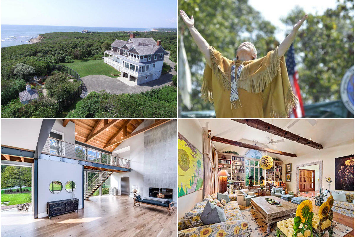 Clockwise frop top left: Dick Cavett slashes price of Montauk home down to $48.5M, Shinnecock tribal members want to raise $185K to buy build site where bones were found, Sunflower-themed home in Southampton finds buyer under $5.85 pricetag and Modern Sagaponack barn lists for $15M.