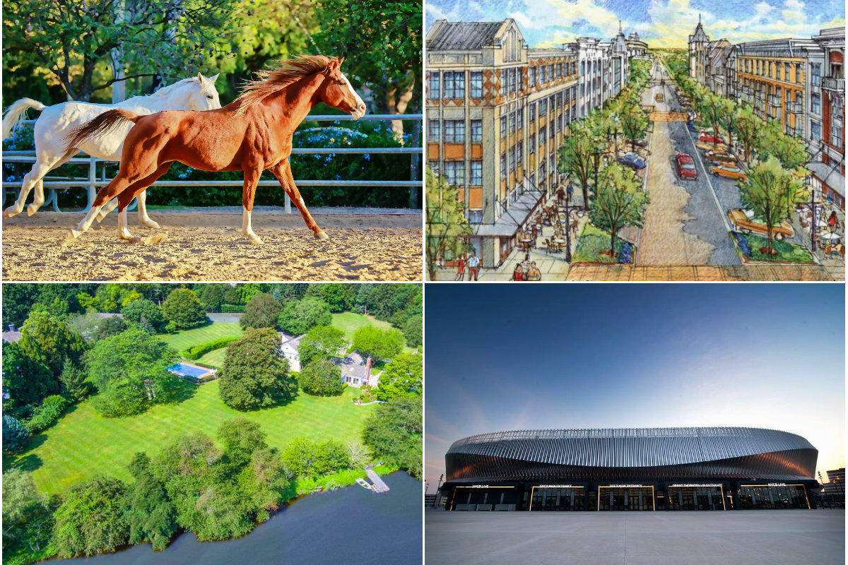 Clockwise from top left: Officials drop plan to seize Islandia horse farm through eminent domain, RXR Realty sues development partner Renaissance Downtowns for $9M, $1.5B development project picked for area around Nassau Coliseum and Waterfront Sagaponack compound with Kennedy past lists for $35M.