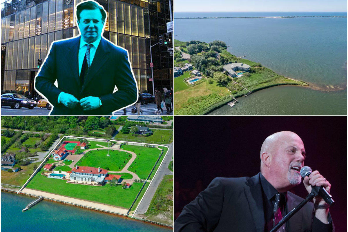 Clockwise from top left: Feds to sell Paul Manafort's Bridgehampton home after seizure in his guilty plea, Bayfront Water Mill home lists for $30M, Sag Harbor OK Billy Joel's home reno plans, noting "harmony" as key and Westhampton Beach estate goes into contract for $8.9M after years of price cuts.