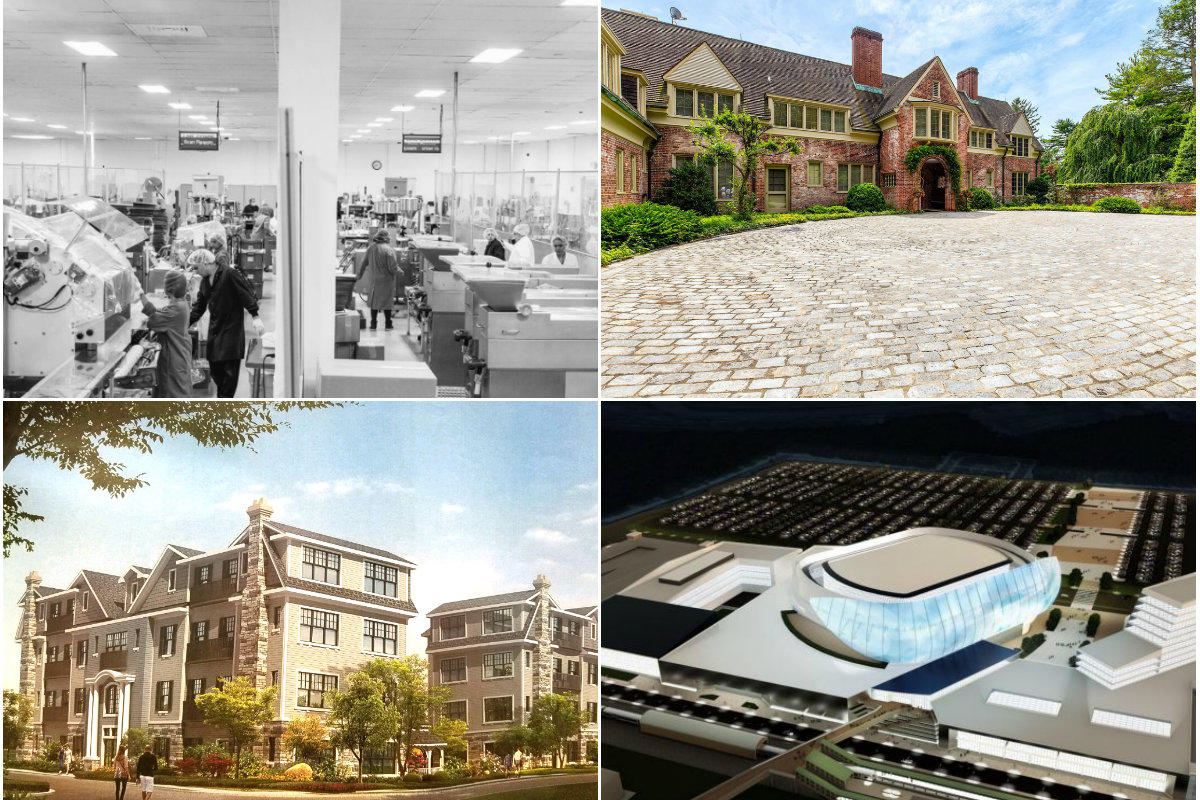 Clockwise from top left: Contract Pharmacal gets IDA breaks for $40M expansion in Hauppauge, Rockefeller heiress' former Mill Neck home lists for $30M, Brookhaven and Islip officials want county to ax $1.1B Ronkonkoma arena project and Manorhaven officials punt zoning decision amid fears of overdevelopment.
