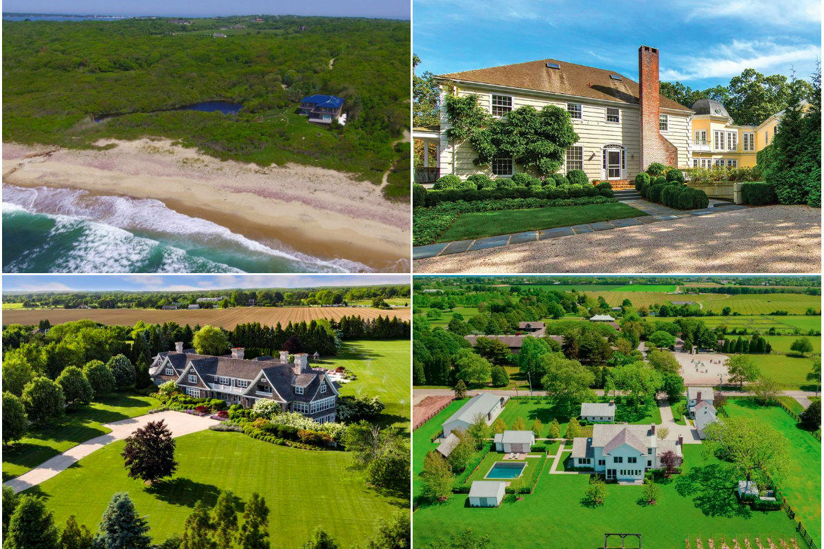 Clockwise from top left: Oceanfront home Montauk home lists for $48M, Wainscott home's price cut to $12M, Saganponack's Narrow Lane Farm sells for nearly $12M and Sagaponack estate's price cut to $19M after more than a year on the market.