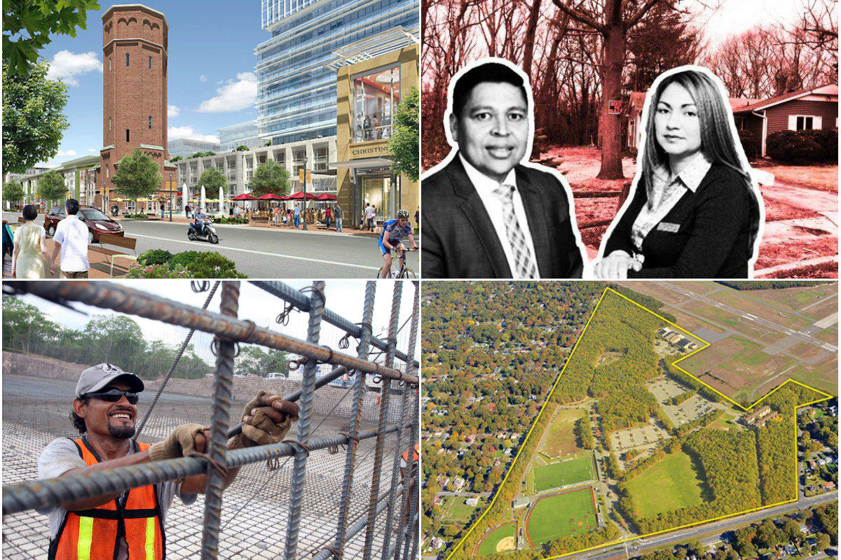 Clockwise from top left: Suffolk legislators block sewer connection in blow to Brentwood development project, Brokers hid past MS-13 murder from buyers of Brentwood home, Brookhaven IDA to help redevelop Dowling College's former campus in Shirley and Long Island got more than 7K construction jobs in the past year.