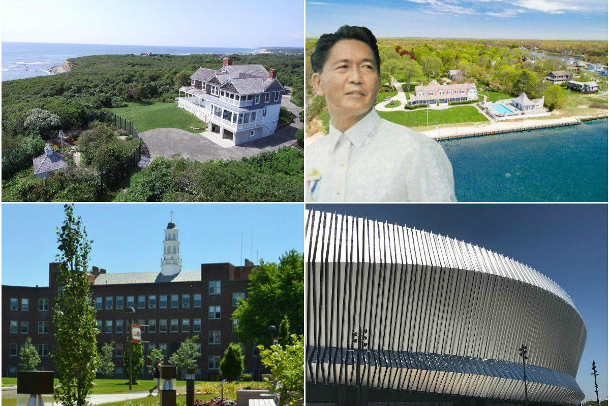 Clockwise from top left: Dick Cavett slashes price of Montauk home down to $48.5, Waterfront Center Moriches home once owned by Ferdinand Marcos up for auction, RXR Realty and BSE Global join forces on Nassau Coliseum project and Rockville's Molloy College gets early approval of $15M in bonds for dorm project.