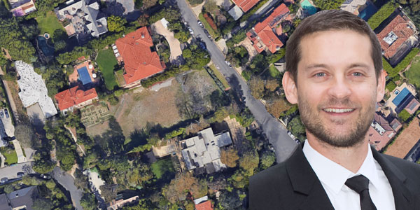 Tobey Maguire, with vacant lot on N. Carmelina Road in Brentwood (Wikimedia Commons/Google Maps)
