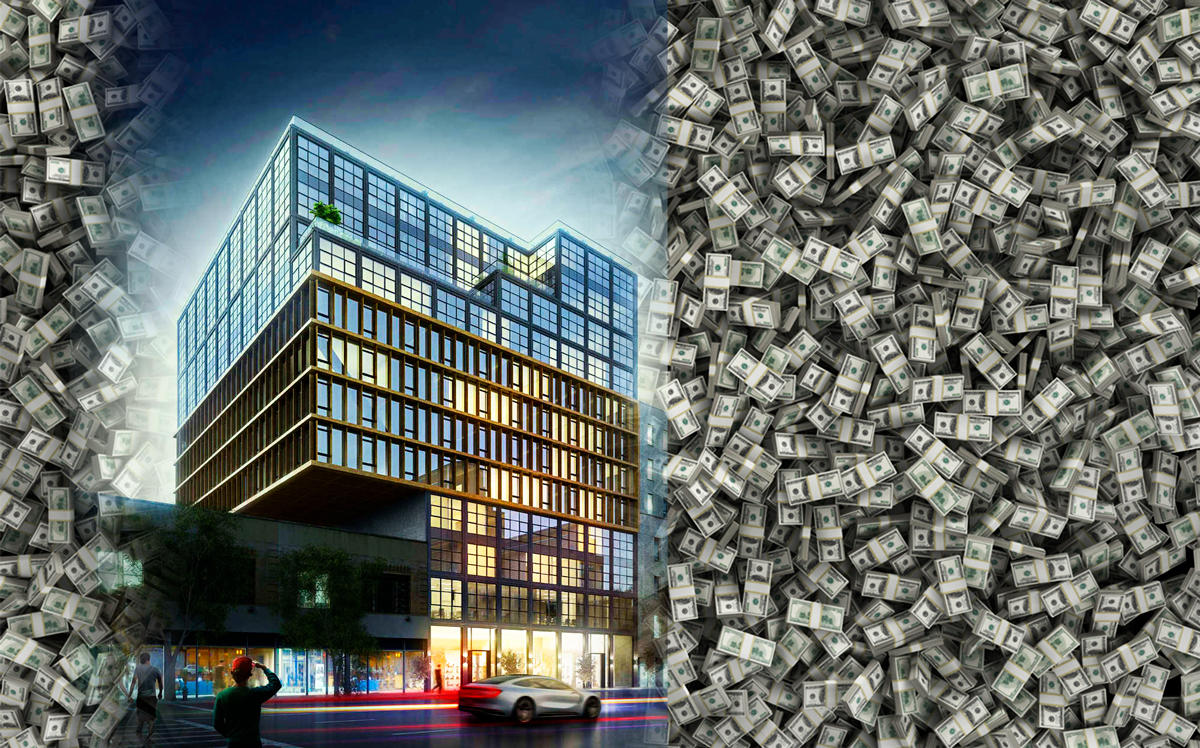 A rendering of 11 Hancock Place with money (Credit: iStock and CityRealty)