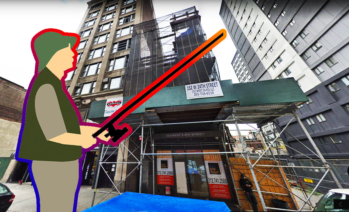 An illustration of a fisherman and 152 West 24th Street (Credit: Pixabay and Google Maps)