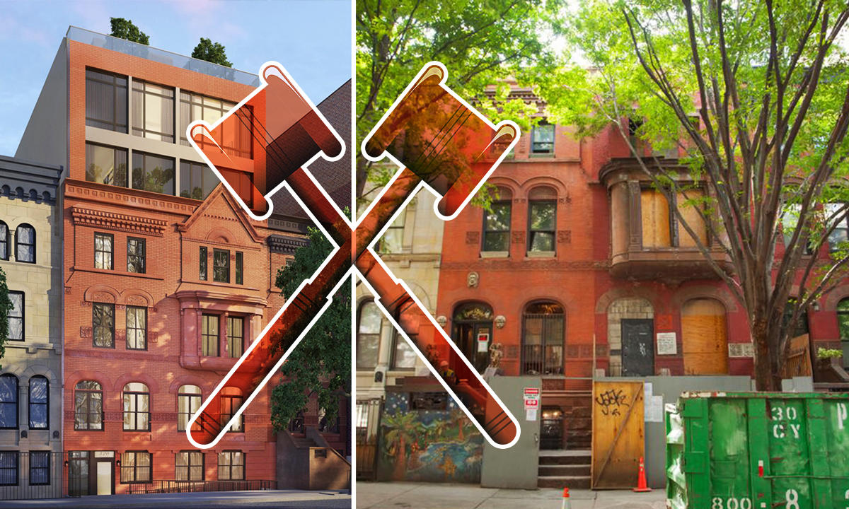 A gavel overlaid on 320 West 115th Street (Credit: H5, Ariel Property Advisors, and Pixabay)