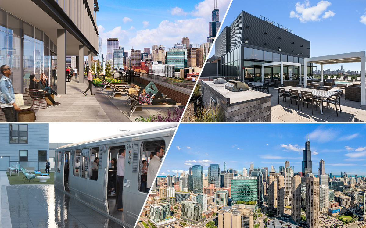 Clockwise from top-left: The amenity deck planned at 210 North Carpenter, ELEVATE Lincoln Park, the view from the "sky lounge" at 727 West Madison, and L Logan Square