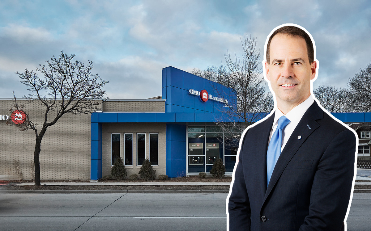 BMO Group CEO Darryl White and a BMO Harris bank (Credit: BMO and Groth Design Group)