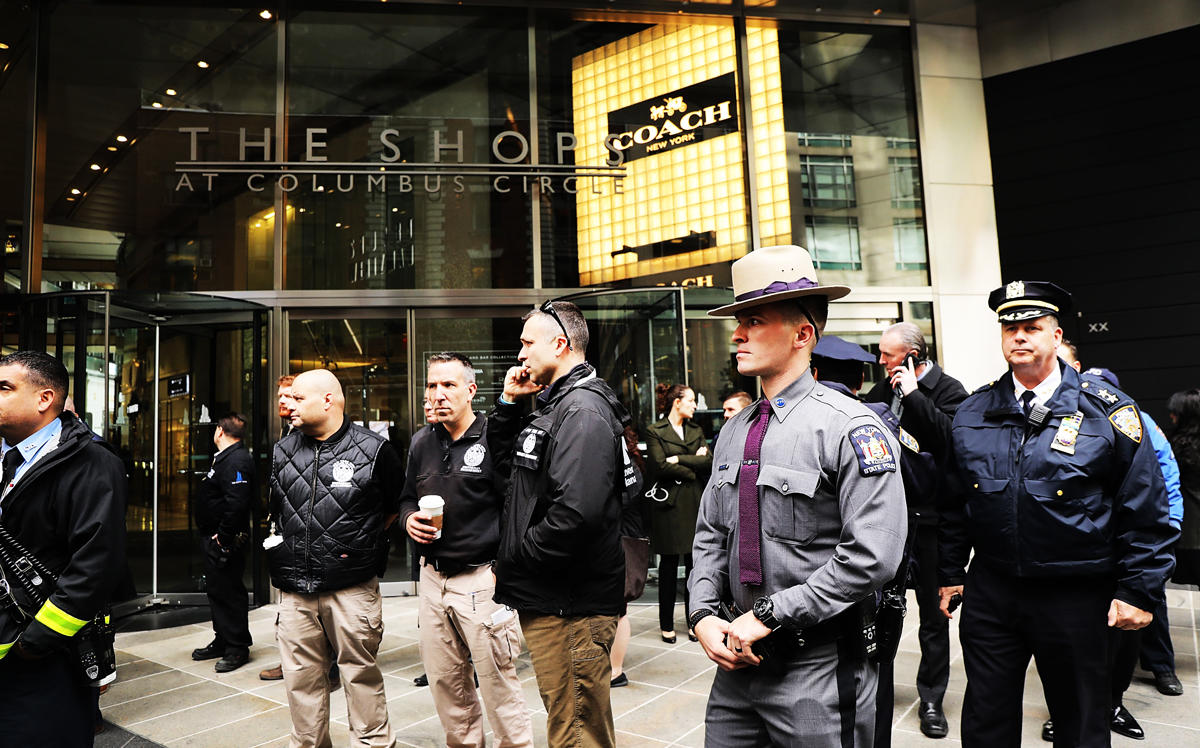 Police and other emergency workers outside of the Time Warner Center at 10 Columbus Circle (Credit: Getty Images)