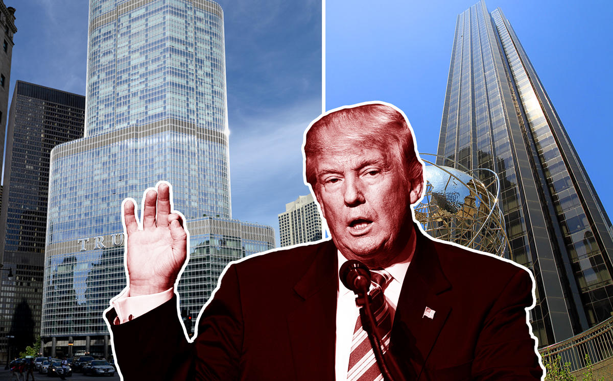 Donald Trump and Trump International Hotel and Tower in Chicago (left) and New York (right) (Credit: Wikipedia)