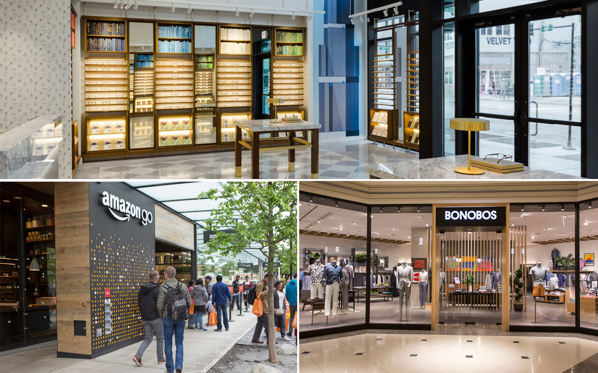 Clockwise from top: Warby Parker’s Gold Coast location, Bonobos’ flagship Chicago location on Michigan Avenue, and an Amazon Go store (Credit: Warby Parker and iStock)
