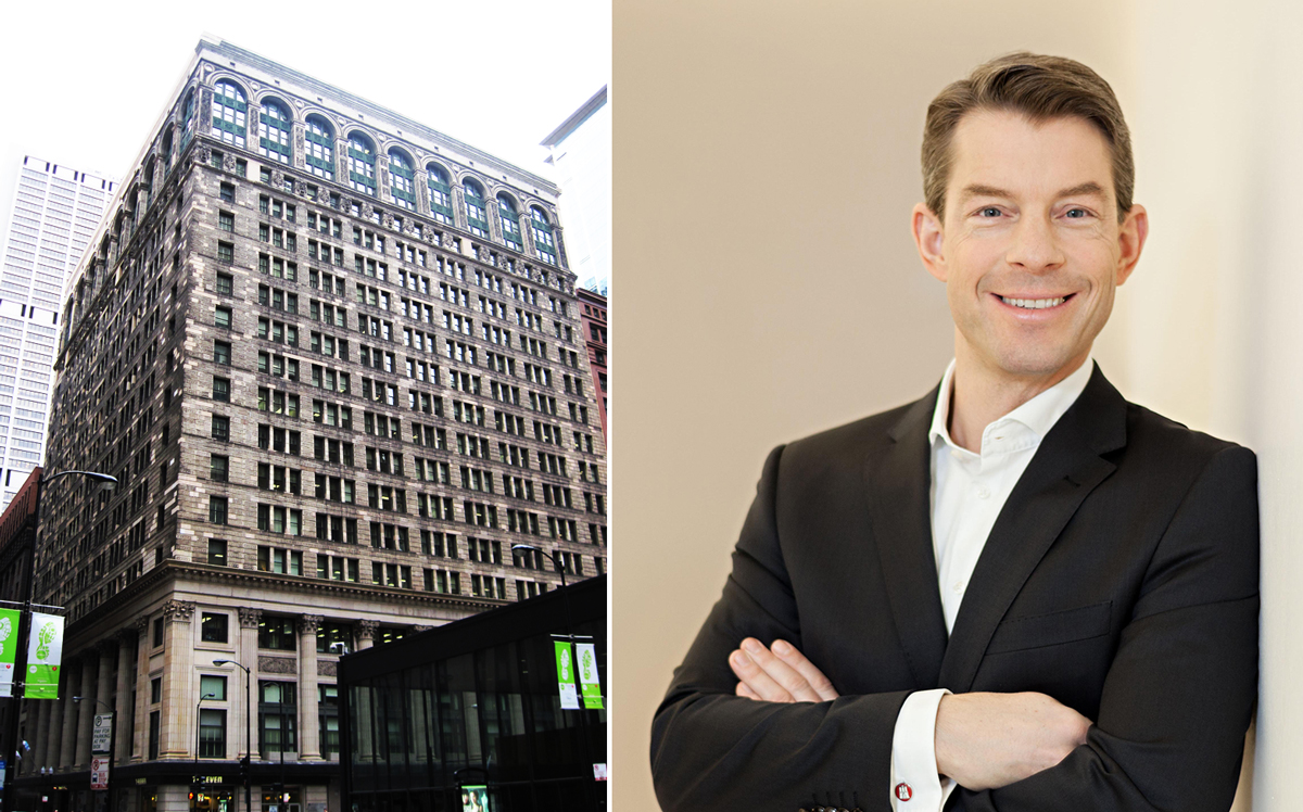 Commerz CEO Andreas Muschter and the National building at 125 South Clark Street (Credit: Commerz Real and Wikipedia)