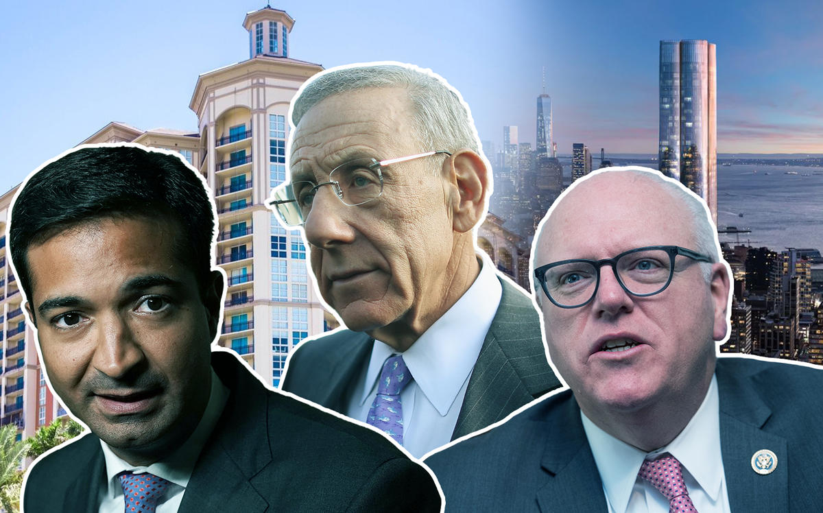 From left: Carlos Curbelo, Stephen Ross, and Joe Crowley with CityPlace South Tower in Florida and 15 Hudson Yards (Credit: Getty Images and Highrises)