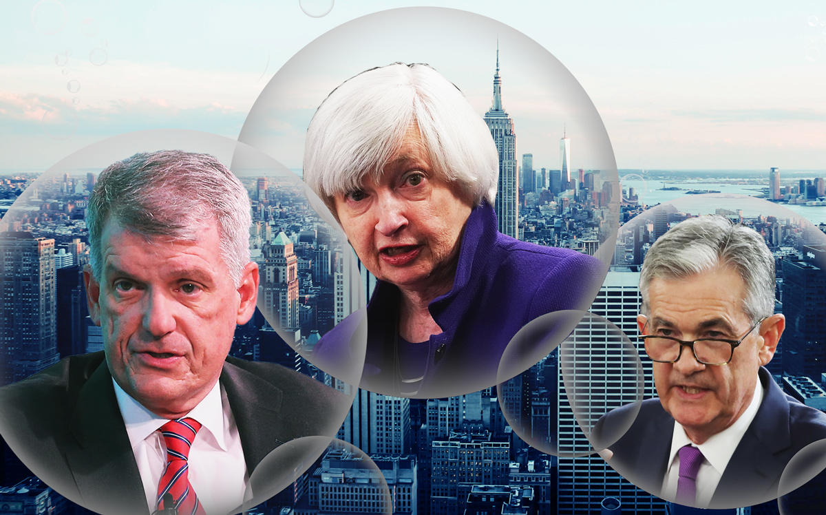 From left: Tim Sloan, Janet Yellen, and Jerome Powell (Credit: Getty Images and Free Icons PNG)