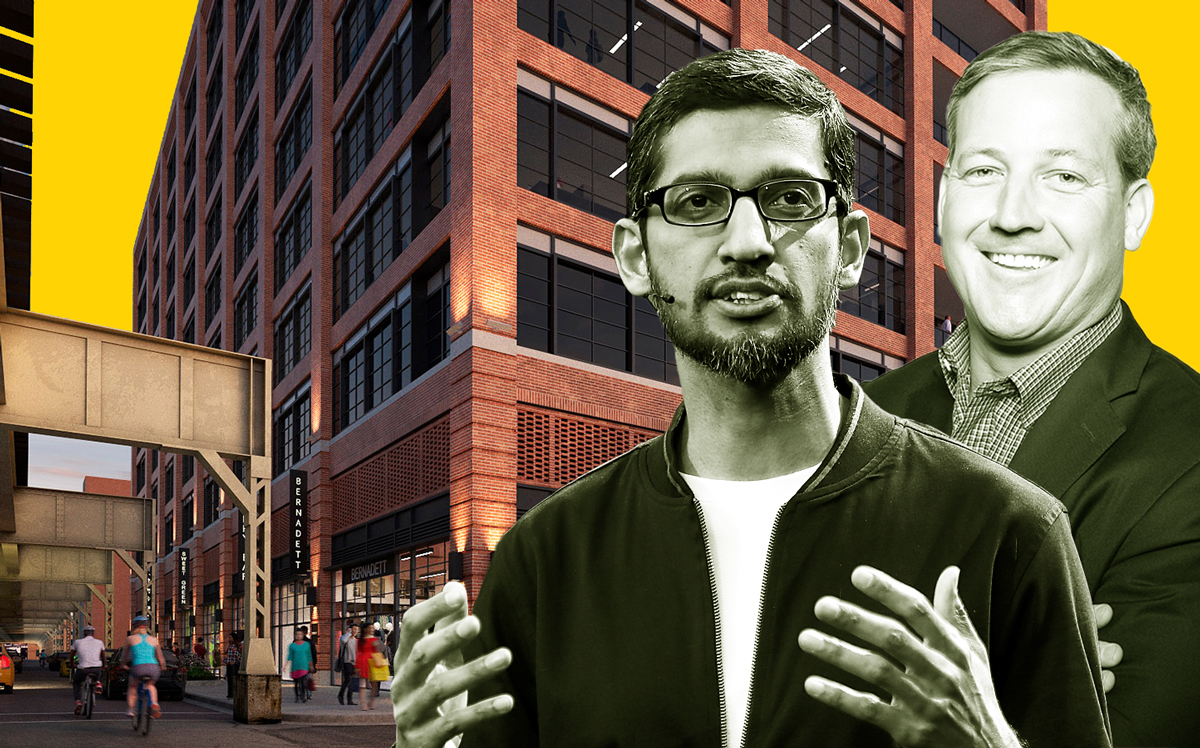 Google CEO Sundar Pichai, Sterling Bay’s Andy Gloor, and 210 North Carpenter Street (Credit: Getty Images and Sterling Bay)