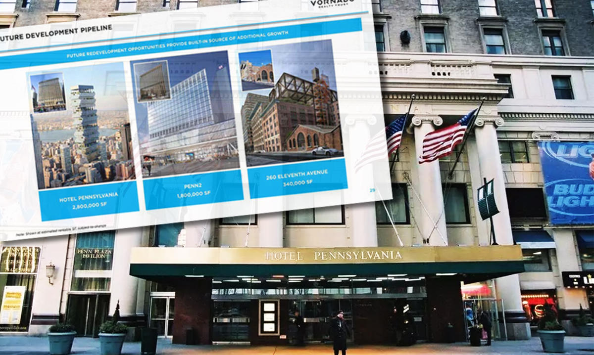 The new Vornado renderings overlaid on 15 Penn Plaza (Credit: Hotels and The New York Post)