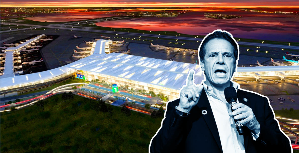 Renderings of the new JFK and Gov. Andrew Cuomo (Credit: Getty Images)