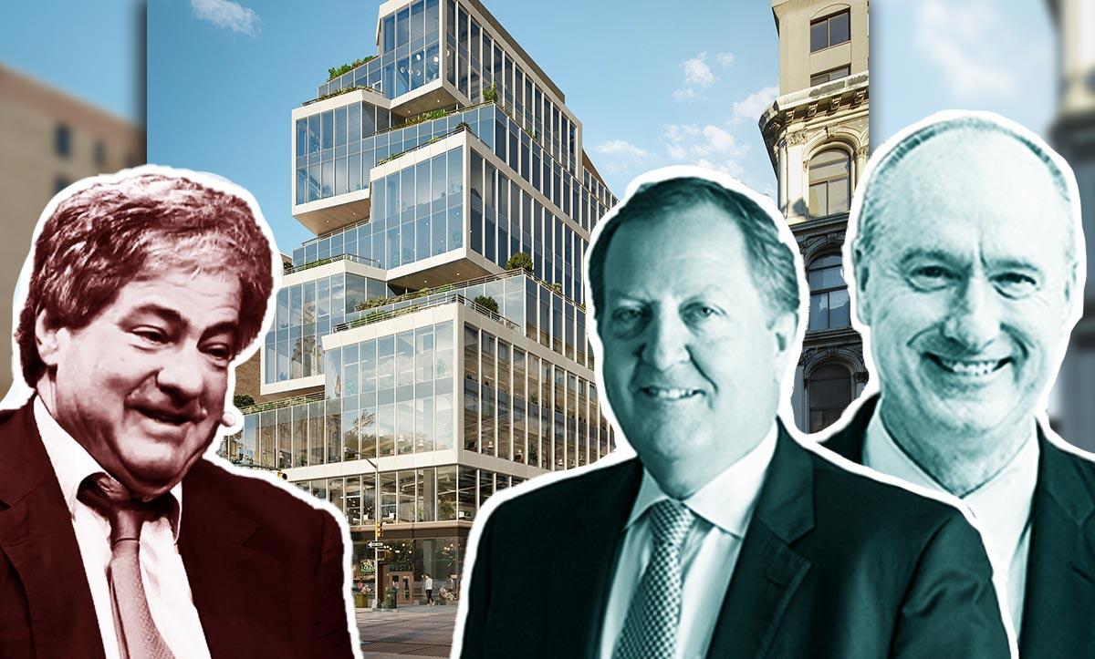 From left: Apollo Global’s Leon Black, Columbia Property Trust’s Nelson Mills,  Normandy’s Finn Wentworth, and a rendering of 799 Broadway (Credit: Milken Institute via YouTube, Columbia Property Trust, and Normandy Real Estate Partners)