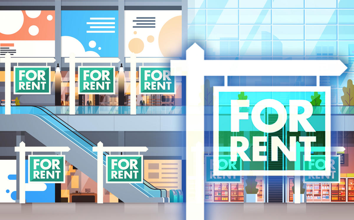 An empty mall with "For Rent" signs (Credit: iStock)