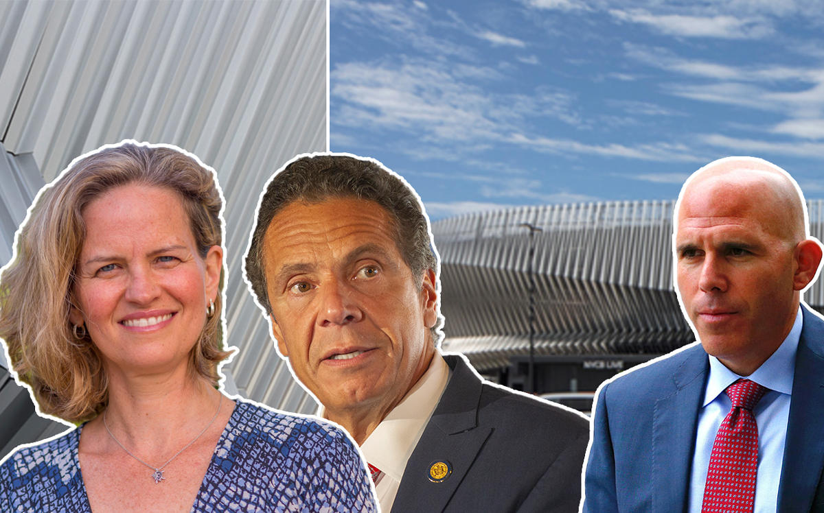 From left: Laura Curren, Andrew Cuomo, and Scott Rechler with renderings of Nassau Coliseum (Credit: Getty Images and SHoP Architects)