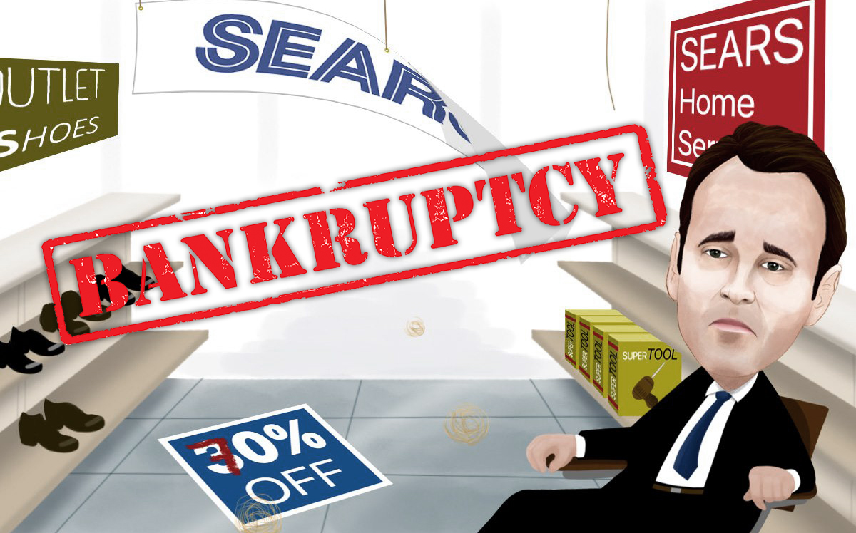 An illustration of Edward Lampert at a failing Sears store (Credit: ValueWalk via Flickr and iStock)