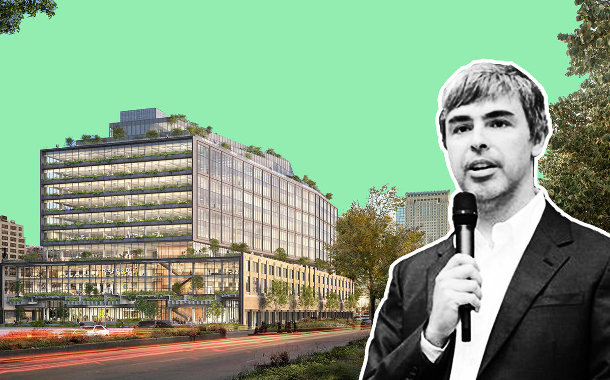 A rendering of St. John's Terminal at 550 Washington Street and Alphabet CEO Larry Page (Credit: Wikipedia)