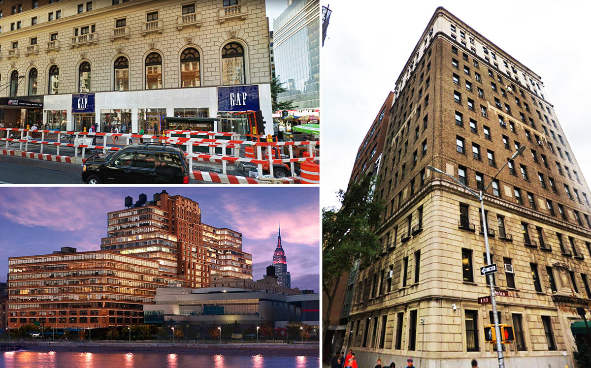 Clockwise from top left: 60 West 34th, 378 West End Avenue, and Starrett Lehigh at 601 West 26th Street (Credit: Google Maps and RXR Realty)