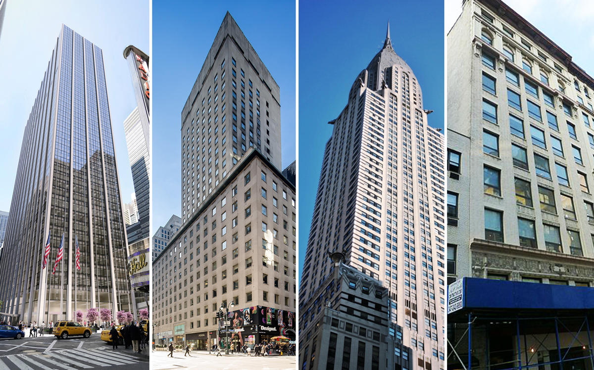 From left: 1271 Sixth Avenue,  530 Fifth Avenue, 405 Lexington Avenue, 35 East 21st Street (Credit: Rockefeller Group, RXR Realty, and Wikipedia)