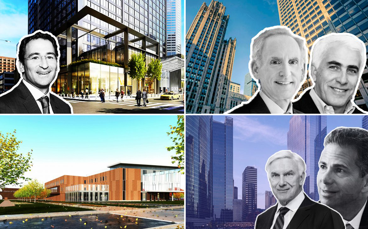 Clockwise from left: a rendering of the project and Blackstone’s Jonathan Gray, Tribune Tower at 435 North Michigan Avenue, Golub &amp; Company’s Michael Newman, and CIM Group’s Shaul Kuba, John O’Donnell, David R. Weinreb and 110 North Wacker Drive, and The new CPS high school planned for Englewood